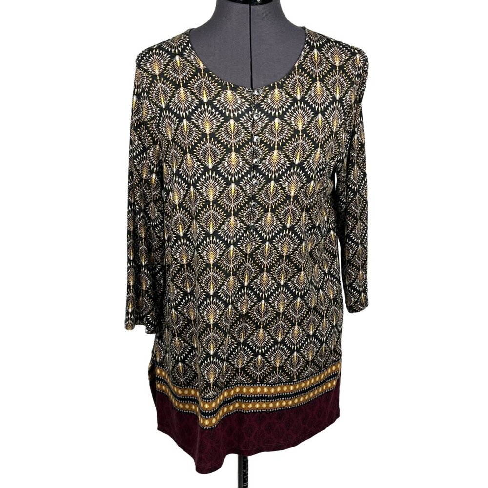 J. Jill Women's Black/Brown Print Top Tunic 3/4-Sleeve Scoop-Neck Size S